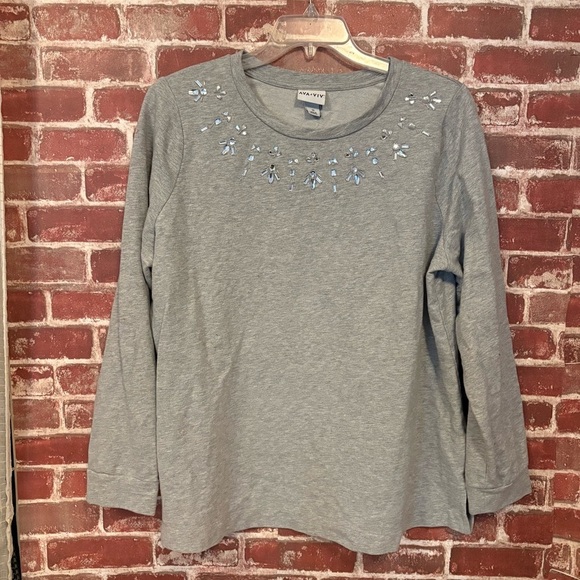 Ava & Viv Tops - Ava & Viv Gray Long Sleeve Top with Blue Embellishments